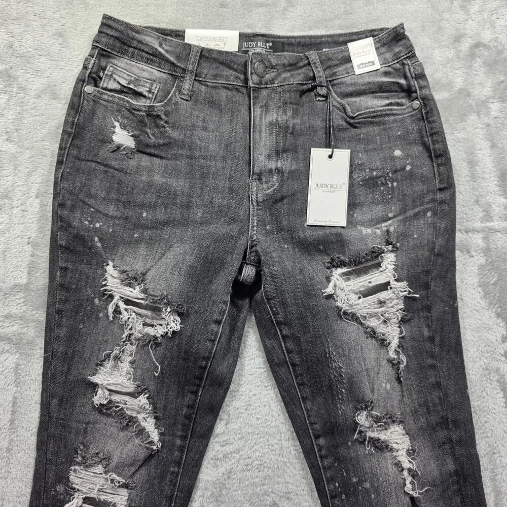 Judy Blue Jeans Womens 7 28 Black Distressed Boyfriend Fit Mid Rise JB8867 NWT